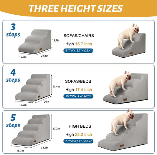 4-Step Dog Stairs and Ramp for Beds or Couches,Non-Slip Sturdy Pet Steps for Small Dogs and Cats,17.4" H,Light Grey