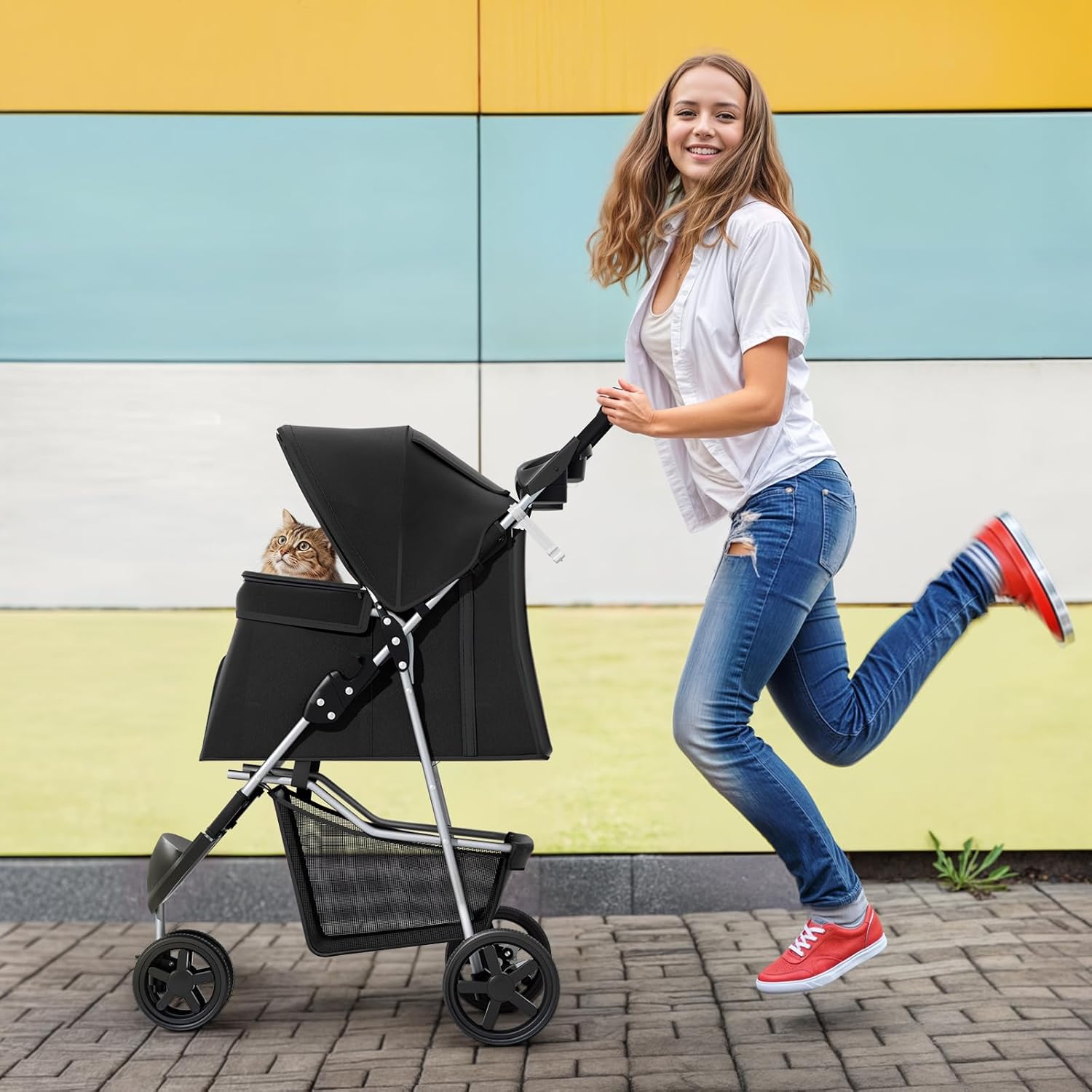 MoNiBloom Foldable Pet Stroller with Weather Cover, 3 Wheels Pet Strolling Cart for Small/Medium Dogs and Cats with Storage Basket and Cup Holder, Breathable and Visible Mesh for All-Season, Black - Pawvie
