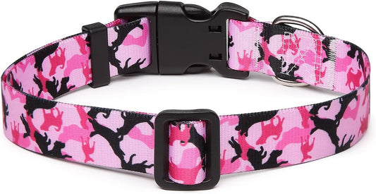 Mercano Adjustable Dog Collar - Special Design Patterns, Soft Nylon Comfortable Sturdy Pet Collar for Small Medium Large Dogs (L, Dog Camouflage Pink)