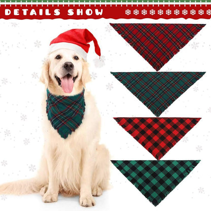 KOOLTAIL Christmas Plaid Dog Bandana 4 Pack - Classic Triangle Scarf Tassels Style Holiday for Dogs Cats Puppy