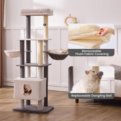 Gardner Pet 65in Heavy Duty Cat Tree Tower for Large Cats, Multi-Level Cat Furniture with Replaceable Sisal Scratching Post, Hammock | Extra-Large Platform & Condo Easy to Clean (Corduroy)