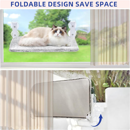 pettycare Cat Window Perch, Cordless Cat Window Hammock Bed with 4 Strong Suction Cups, Foldable Kitten Balcony Seat for Inside Hold Up to 40lbs, Solid Metal Frame and Soft Reversible 2 Fabrics Cover