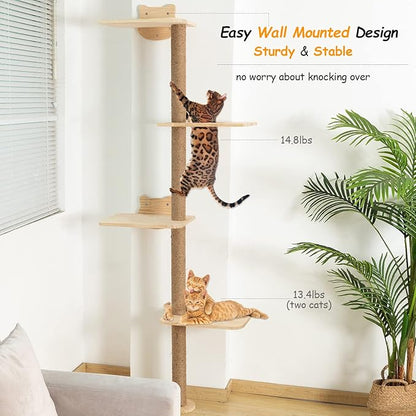 Cat Tree Wall Mounted,Tall Scratching Post for Indoor Cats Climbing Tower Activity Wood Cat Wall Furniture(Wood)