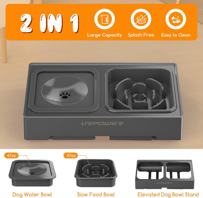 URPOWER 2-in-1 Elevated Slow Feeder with No Spill Dog Water Bowl 4 Height Adjustable Raised Bowl Stand for Small to Large Dogs, Cats & Pets