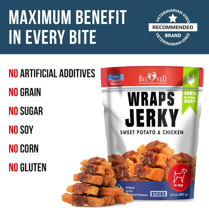 Dog Treats Sweet Potato Jerky Chicken Wraps 24 oz - Human Grade - Grain Free Organic Meat - All Natural High Protein Dried Strips - Best Chews for Small & Large Dogs - Bulk Soft Pack Made for USA
