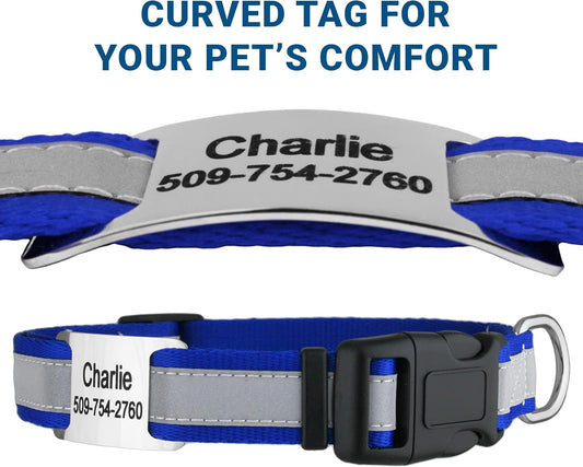 GoTags Reflective Personalized Dog Collar with Nameplate, Adjustable Dog Collar with Custom Engraved Steel Slide On Pet ID Tag, Silent, No Noise Dog Tag for Large Medium or Small (Blue, Small)