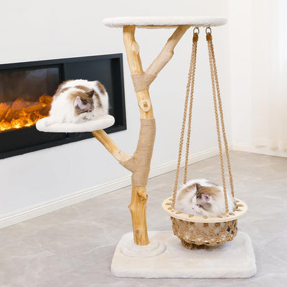 50" Tall Cat Tree Tower, Modern Cat Tree for Indoor Cats, Washable Wooden Perchs and Climbers for Large Cats, Cute Cat Furniture with Unique Cat Swing