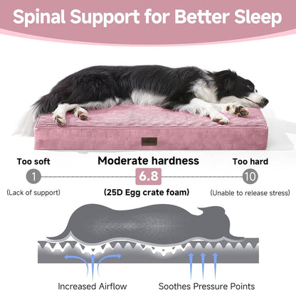 OhGeni Orthopedic Waterproof & Machine Washable Dog Bed for Medium Large Pets, Suitable for Crates, 25D Egg Crate Foam, Non-Slip Bottom & Removable Cover, Invisible Zipper, 35 Inches(Pink)