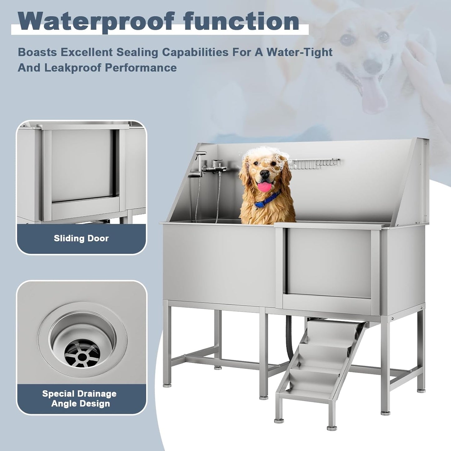 62" Professional Stainless Steel Dog Bathing Station, Large Dog Washing Station W/Dog Bath Brush, Washing Gloves, Floor Grate, Dog and Cat Bath Tub, Dog Washing Sink (62 Inch Left Door)