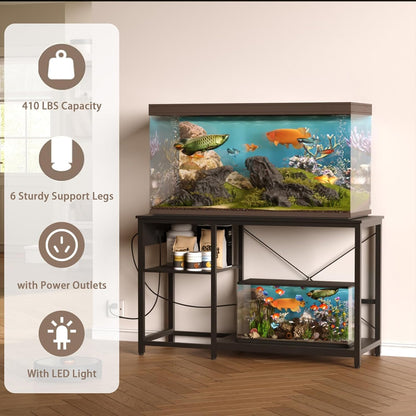 20-29 Gallon Fish Tank Stand with Power Outlet & LED Light, Metal Aquarium Stand with 3 Tier Adjustable Storage Shelves, Tank Stand for Reptile Tank, Turtle Tank, 30.7" L*13.8" W, Black