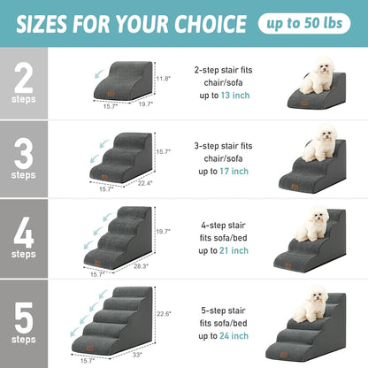 Dog Stairs for Small Dogs 15.7" H, Curved Dog Step for Puppy, Older Cat, Medium Pet Ramp for Sofa, Couch or Chair, Ladder with High Density Foam, 15.7x22.4x15.7 inch, 3 Step, Dark Grey - Pawvie