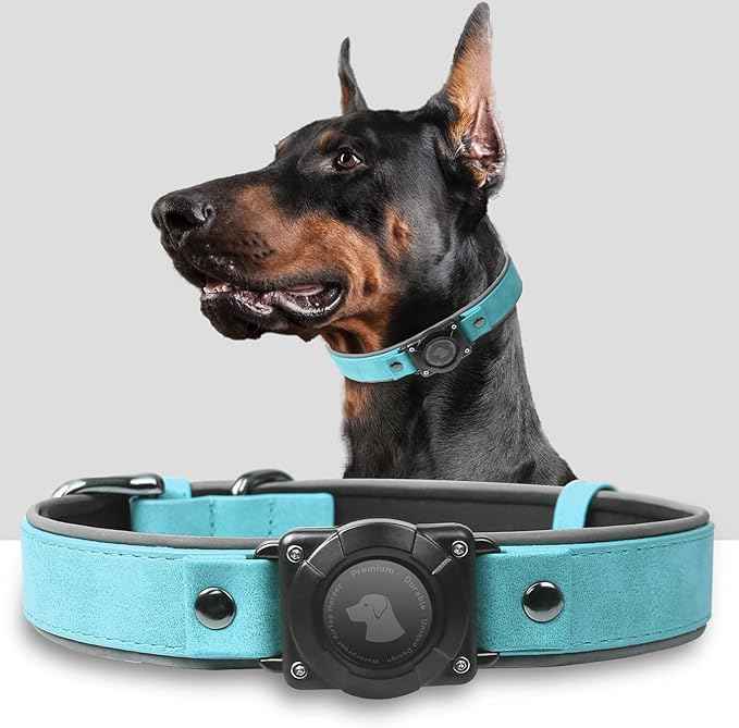 Leather AirTag Dog Collar, Waterproof Dog Collar with Air Tag Holder, Compatible with Apple Air Tag, Reflective, Durable, Comfortable Padded GPS Dogs Collars (Light Blue, XL)