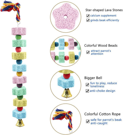 2 Pack Mineral Block Chew Toys with Colorful Beads and a Bell, Bird Beak Grinding Stone, Cage Accessories for African Grey, Budgies, Cockatiels, Small to Medium Birds