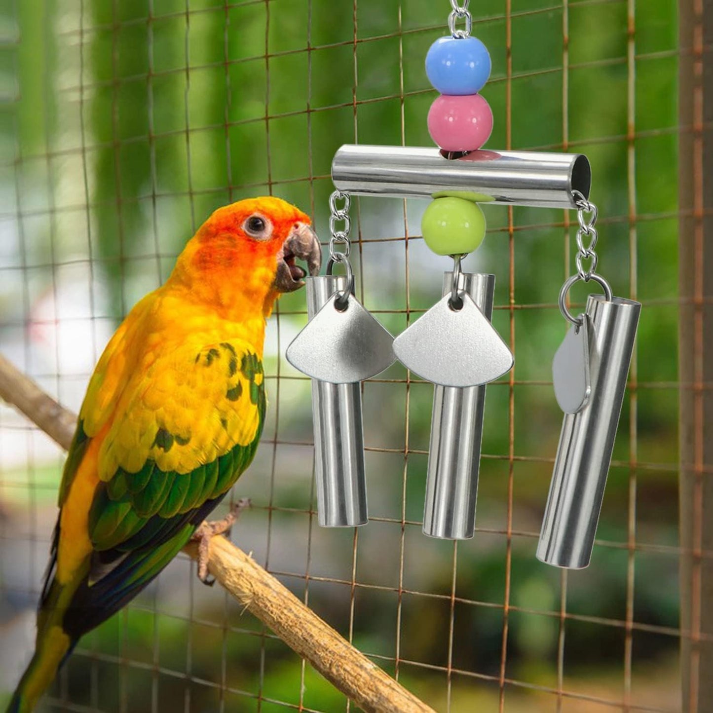 Bird Stainless Steel Bells String Parrot Hanging Chew Toy for Parakeet Cockatiel Cockatoo Conure (Silver)