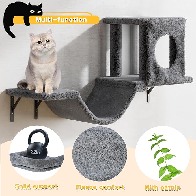 NUNU LAB Wall Mounted Cat Wall Shelves, 12-in-1 Cat Wall Climber with Condos House, Scratching Post, Bridge Ladder, Indoor Space-Saving Furniture for Kittens Play, Dark Gray