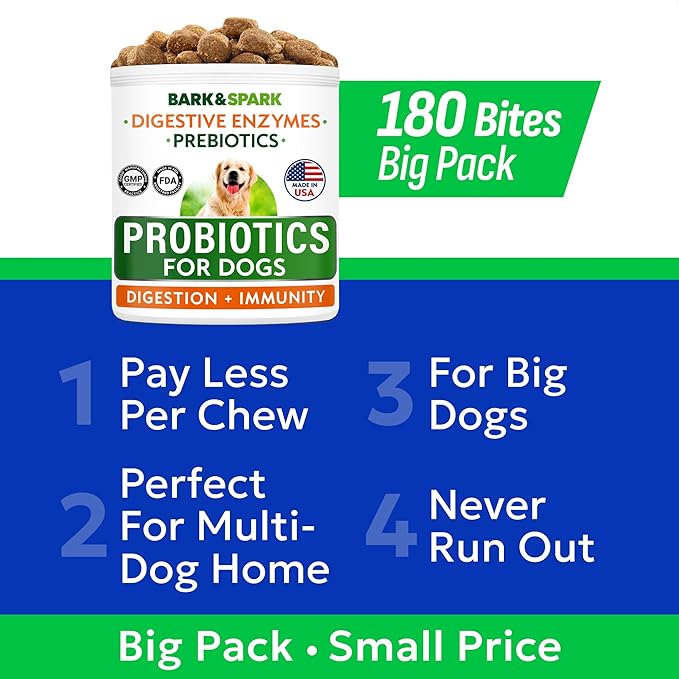 Bark&Spark Dog Probiotics & Digestive Enzymes (Gut Health) Allergy & Itchy Skin - Pet Diarrhea Gas Treatment Upset Stomach Relief Pill, Digestion Health Tummy Treat (180Ct Bacon)