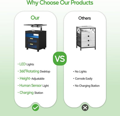 HNEBC Nightstand with Wireless Charging Station, LED Nightstand Has Adjustable Rotary Workstation,Smart Night Stand with 2 Drawers,Modern Bedside Table for Bedroom, Sensor Light/Wheel (Black)