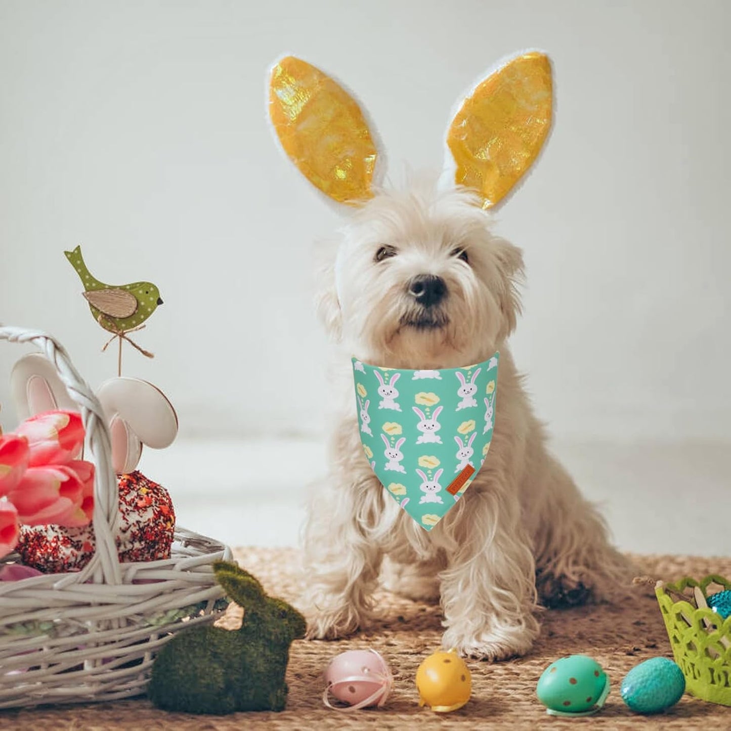 PTDECOR Easter Dog Bandana, Green and Yellow Rabbit Carrot Reversible Holiday Dog Scarf, Multi Size, Triangle Pet Easter Bandanas for Small Dogs Pets (Small)