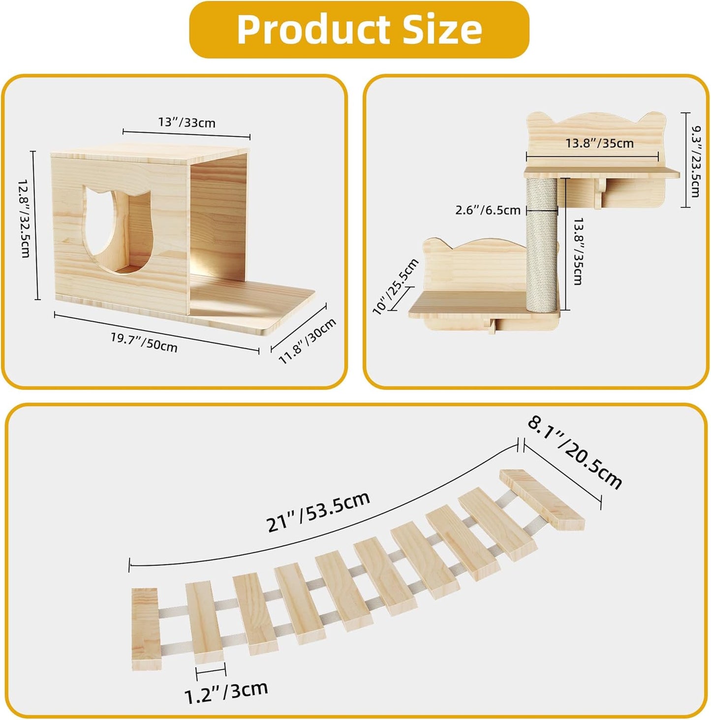 Cat Wall Shelves, Cat Wall Furniture Pine Wooden Feline Shelf, 5 Piece Shelves and Perches with Bed, House, Steps, Bridge Ladder and Scratching Post