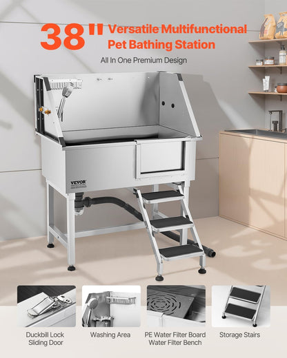 VEVOR Stainless Steel Dog Washing Station, 38 inch Pet Grooming Tub w/Storage Stairs, Faucet & Showerhead & Soap Holder Dog Bathtub for Medium & Small Pets (Right Door)