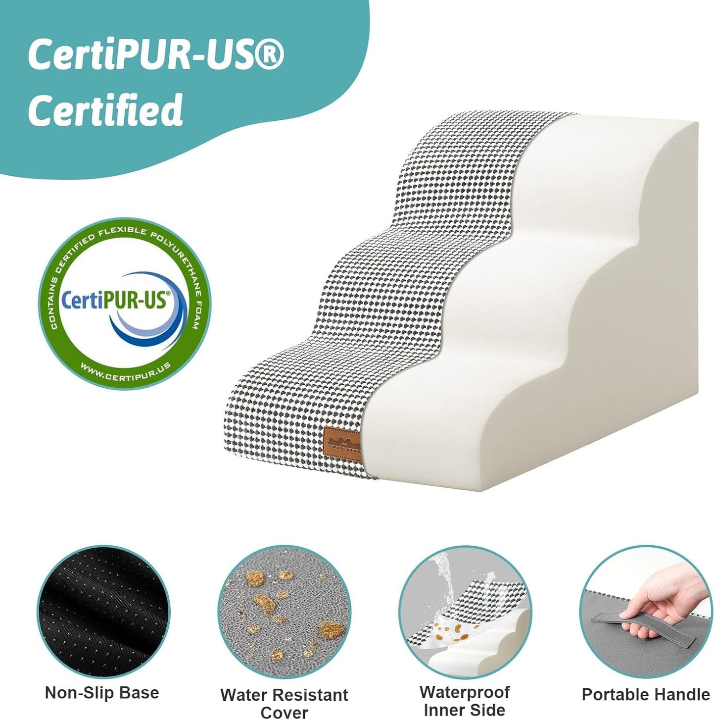 Dog Stairs for Small Dogs 15.7" H, Curved Dog Step for Puppy, Older Cat, Medium Pet Ramp for Sofa, Couch or Chair, Ladder with High Density Foam, 15.7x22.4x15.7 inch, 3 Step, White Black - Pawvie