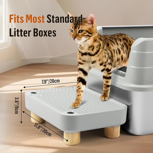 Cat Litter Box Step Ramp, Cat Litter Catcher Mat with Wooden Feet, Filter Function, Cat Pedal Stool for Self-Cleaning Cat Litter Box, Ideal for Kitten & Elderly Cats (Light Grey)