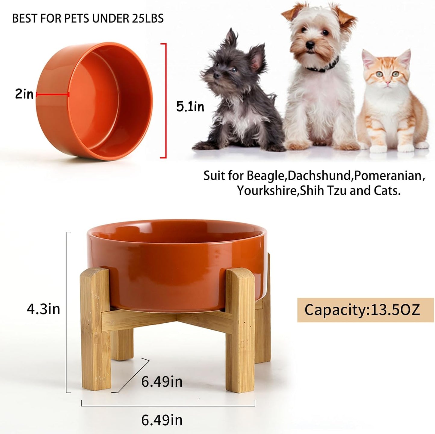 Petygooing Rust Red Elevated/Raised Ceramic Dog Bowl for Small Breeds, Dog Food Water Dish with Stand,Pet Feeding Bowl with Anti Slip Rubber for Cats and Small Dogs Puppy 13.5 OZ (5.1In / 1.7 Cups)