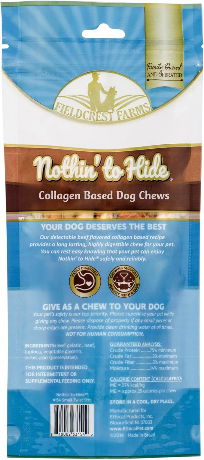 Fieldcrest Farms Nothin' to Hide Twist Stix, Beef Flavor, Easily Digestible, Supports Skin, Coat, Joints & Muscles, for Moderate Chewers Under 15lbs, 10 Pieces