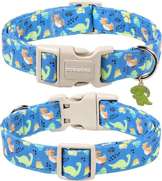 DOGWONG Blue Dog Collar Adjustable Soft Natural Fabric Boy Pet Dog Collar Cute Dinosaur Dog Collars for Small Medium Large Dogs