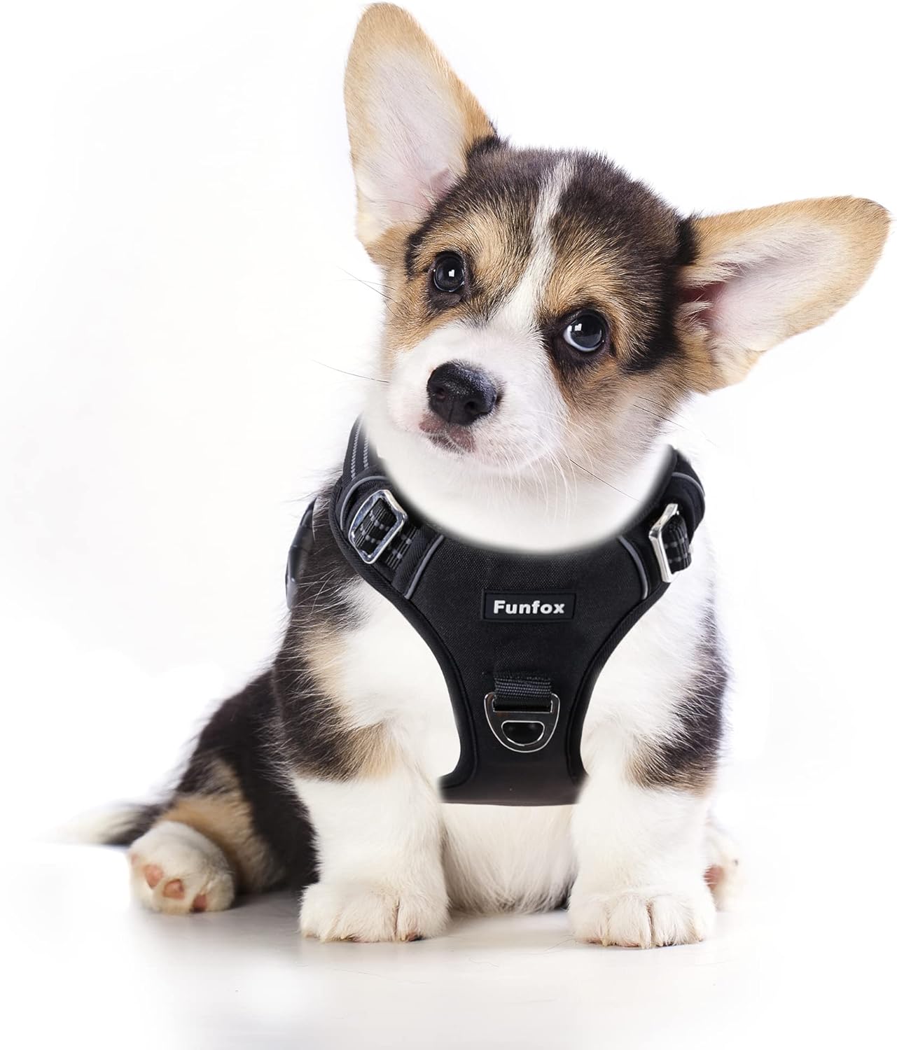 Funfox Dog Harness No Pull, Adjustable Dog Vest Harness, Super Soft Material with Vertical Handle Easy Control, Reflective Night Walking, 2 Leash Clips for Small Medium Large Size, Black, S