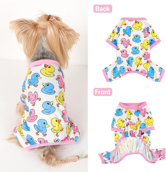 Dog Pajamas Small Sized Dogs Stretchable Summer Dog Clothes Pjs 4 Legs Girl Boy Cute Soft Puppy Outfits Doggie Cat Jammies Jumpsuit Sleeper for Pet (Duck, Medium)