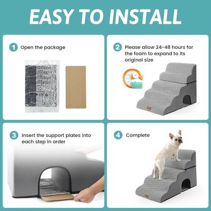 Wide Dog Stairs with Tunnel, Foam Detachable Large Dog Step for Small Pet, Puppy or Cats, Medium Pet Ramp for High Bed, Couch, Sofa or Car, 19.7x33x22.4 inch, 5 Step, White Black