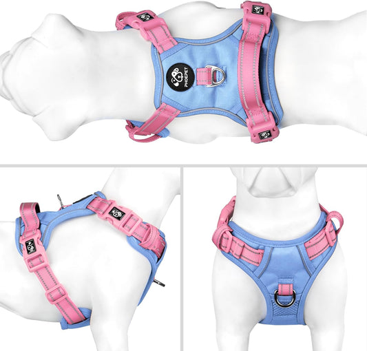 PHOEPET No Pull Dog Harness, Unique Colors Reflective Adjustable Dog Vest, with Soft Training Handle Metal Clips for Small Medium Large Dogs (Baby Blue Base & Pink Straps,S)