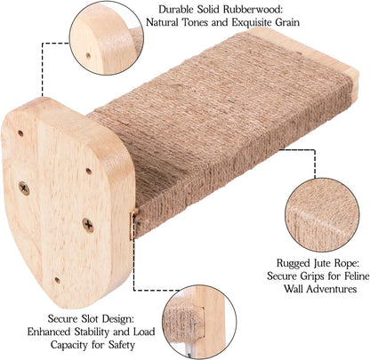 3pcs Cat Wall Steps, Climbing Mounted Furniture, Shelves With Hemp Rope Covered, Solid Wood Ladder for Playing and Climbing (Large-Wood)