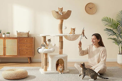 PEQULTI 48.5'' Modern Cat Tree for Large Indoor Cats Solid Wood Cat Tower with Luxury Cat Condo, Cozy Hammock, Scratching Post, Rattan Perch and Flower Cat Bed, White