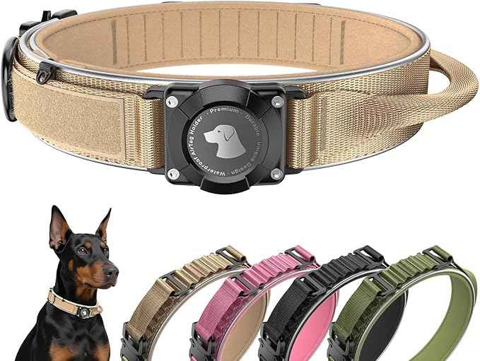 2025 New and Improved AirTag Dog Collar, Military Tactical Dog Collar with AirTag Holder - Adjustable Control Handle, Durable Metal Buckle, Comfortable GPS Dog Collars (M, Khaki)
