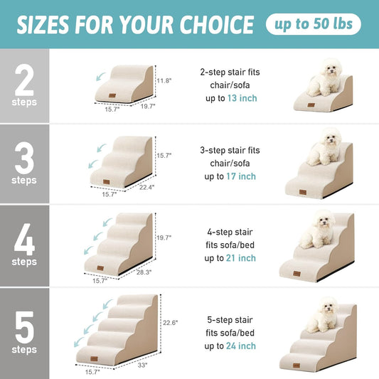 Dog Stairs for Small Dog 22.6" H, Curved Pet Step for Puppy, Older Cat, Medium Pet Ramp for High Bed, Ladder with High Density Foam, Durable, 5 Step, 15.7x33x22.6 inch, Beige - Pawvie