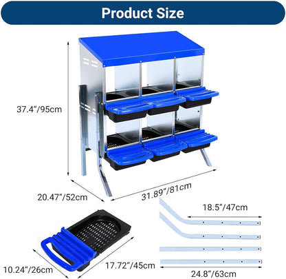 Chicken Nesting Boxes, 6 Hole Metal Chicken Laying Box with with Removable Trays and Roll Out Egg Collection for Chicken Coop, with Metal Bracket, Blue