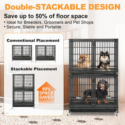 Homey Pet 43/48/37 inch Stackable Heavy Duty Dog Crate Cage on Wheels with Divider, 2X Steel Bowls, 4X Lockable Wheels, Tray, Indestructible Escape Proof Lager Dog Kennel Indoor