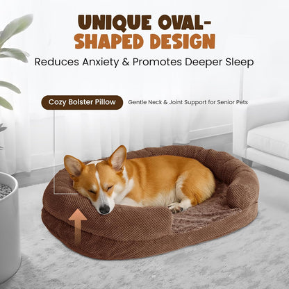 Plush Orthopedic Pet Bed for Small Dogs & Cats, 28" Oval Dog Sofa with Supportive Egg Crate Foam, Washable Removable Cover & Non-Slip Bottom, Bolstered Sides for Comfort, Camel (28")