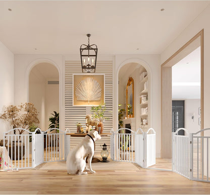 BHG Metal No-Assembly Freestanding Dog Gate with Door Walk Through, Extra Wide 96", Extra Tall 32" Pet Gate, Accordion Puppy Folding Playpen Dog Fence for Indoor & Outdoor, with 2PCS Support - White