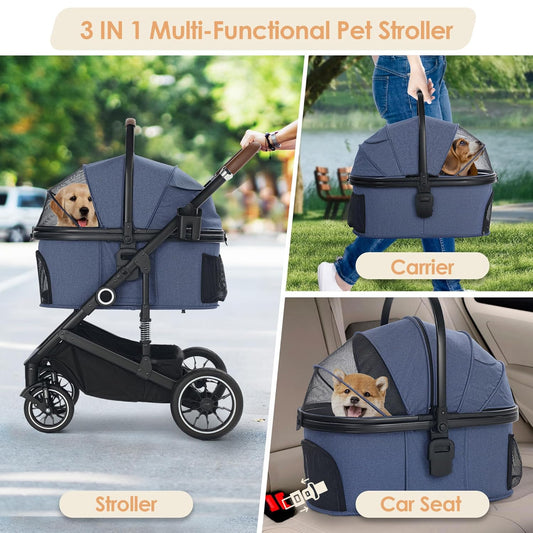 Pet Stroller with 4 Wheels, 3 in 1 Folding Puppy Strollers for Small/Medium Dogs Cats up to 50lbs, Lightweight Pet Travel Carrier with Detachable Cushion, Storage Basket and Cup Holder, Blue - Pawvie