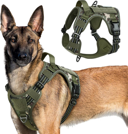 rabbitgoo Tactical Dog Harness for Large Dogs, No Pull Military Service Vest with Handle & Molle, Easy Control for Training Walking, Adjustable Reflective Straps, Green camo, XL