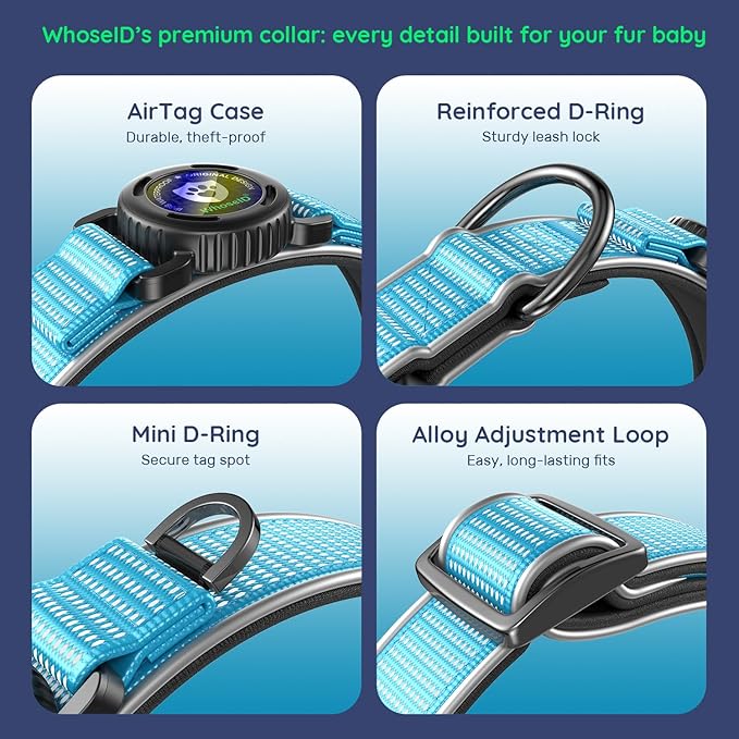 WhoseID Premium AirTag Dog Collar - Air Tag Small Dog Collar | Fur-Safe Magnetic Buckle | IPX8 Waterproof Reflective Dog Collar with AirTag Holder