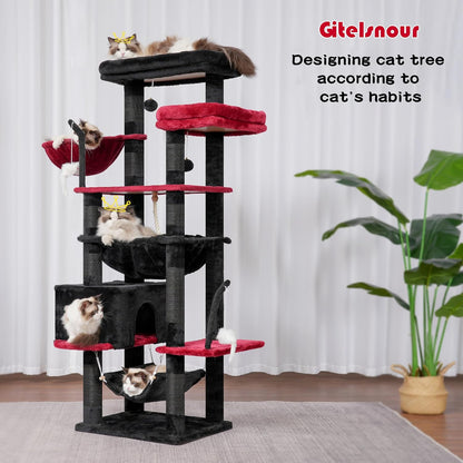 Gothic Cat Tree, Cat Tower for Large Cats with 2 Big Platforms, 2 Baskets, condo and Toys, 63" Cat Scratching Posts for Indoor Cats, Black and red GCT020BR