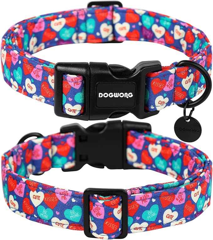DOGWONG Valentine's Dog Collar - Blue Heart Candy Adjustable Cotton Heart Dog Collar - Perfect for Small, Medium, Large Dogs