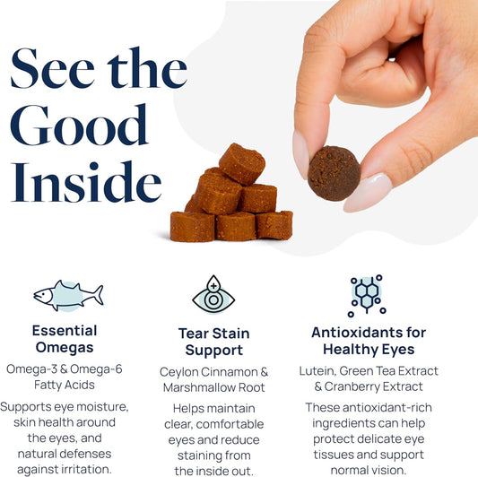 Veterinary Formula Eye Health Supplement for Dogs – Vet-Formulated Tear Stain Chews with Omega 3, Lutein & Cranberry – Smart Vitality Supports Eye Moisture, Stain Reduction & Immunity, 60 Soft Chews