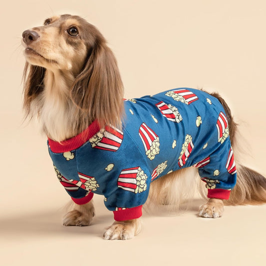 Fitwarm Popcorn Dog Pajamas, Funny Dog Clothes for Small Dogs Boy Girl, Fleece Pet Onesie with Feet, Blue, Red, White, Yellow, XXL