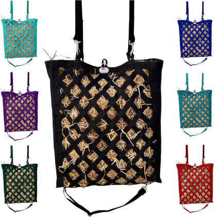 Majestic Ally Premium Nylon Hay Bag for Horses and Livestock, Simulates Grazing, Slow Feeding, Heavy-Duty PP Webbing,Quick-Adjust Straps, Small Hole for Digestion, Multiple Colors (Black)