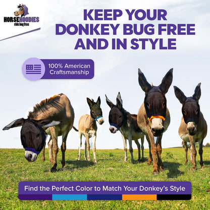 Donkey Fly Mask with Long Ears (Orange) Made in USA - Mule Fly Mask with Ears Protection from Insects and Bugs, Small Donkey Soft Mesh Fabric with Adjustable Fastener, Face Cover Supplies for Donkeys